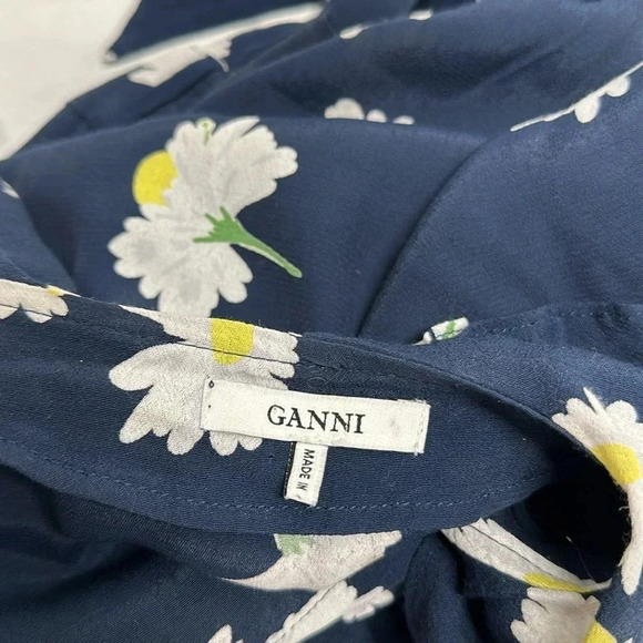 Ganni Blouse Wrap Top Long Sleeve Shirt V-Neck Floral Daisy Navy Blue Size US XS - Picture 9 of 13
